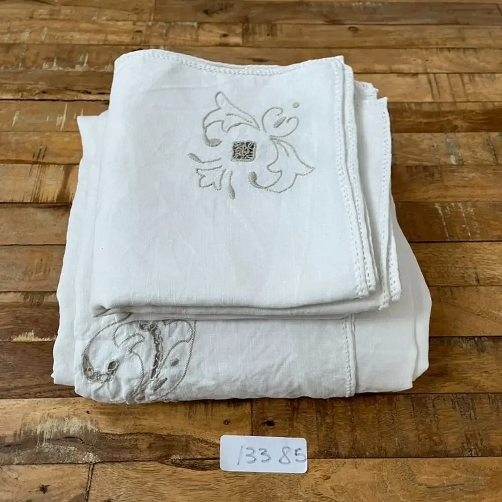 Vtg 1 Tablecloth & 10 Napkins Off-white Linen Taupe Embroidered Openwork Madeira
